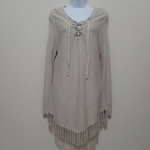 INC Tan Ribbed Cotton Viscose Sweater With Fringe Hem Size Large